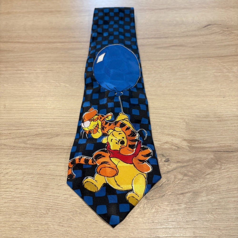 Disney Winnie the Pooh Tigger Silk Tie Blue Black Checkered Balloon RN 73469
